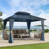 12x12ft Gazebo Double Roof Canopy with Netting and Curtains, Outdoor Gazebo 2-Tier Hardtop Galvanized Iron Aluminum Frame Garden Tent for Patio, Backy