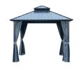 12x12ft Gazebo Double Roof Canopy with Netting and Curtains, Outdoor Gazebo 2-Tier Hardtop Galvanized Iron Aluminum Frame Garden Tent for Patio, Backy