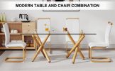 1 table and 4 chairs. Glass dining table with 0.39 "tempered glass tabletop and wooden metal legs. White PUleather high backrest soft padded side chai