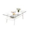 Rectangle Coffee Table, Tempered Glass Tabletop with White Metal Legs, Modern Table for Living Room , Transparent Glass