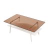 Rectangle Coffee Table, Tempered Glass Tabletop with White Metal Legs, Modern Table for Living Room , Brown Glass