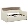 Twin Size Daybed with Hydraulic Storage, Upholstered Daybed with Lift Up Storage, Twin Leather Daybed with Charging Station and LED Lights,Beige