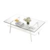 Rectangle Coffee Table, Tempered Glass Tabletop with White Metal Legs, Modern Table for Living Room , Transparent Glass