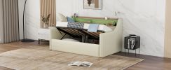 Twin Size Daybed with Hydraulic Storage, Upholstered Daybed with Lift Up Storage, Twin Leather Daybed with Charging Station and LED Lights,Beige