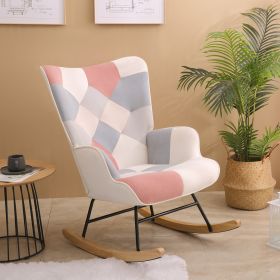 Rocking Chair, Mid Century Fabric Rocker Chair with Wood Legs and Patchwork Linen for Livingroom Bedroom (Color: PINK)